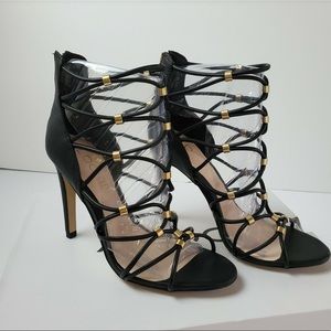 Aldo Womens Heels Peterbell Sexy Strap Pumps shoes size 8 Black & Gold Accents